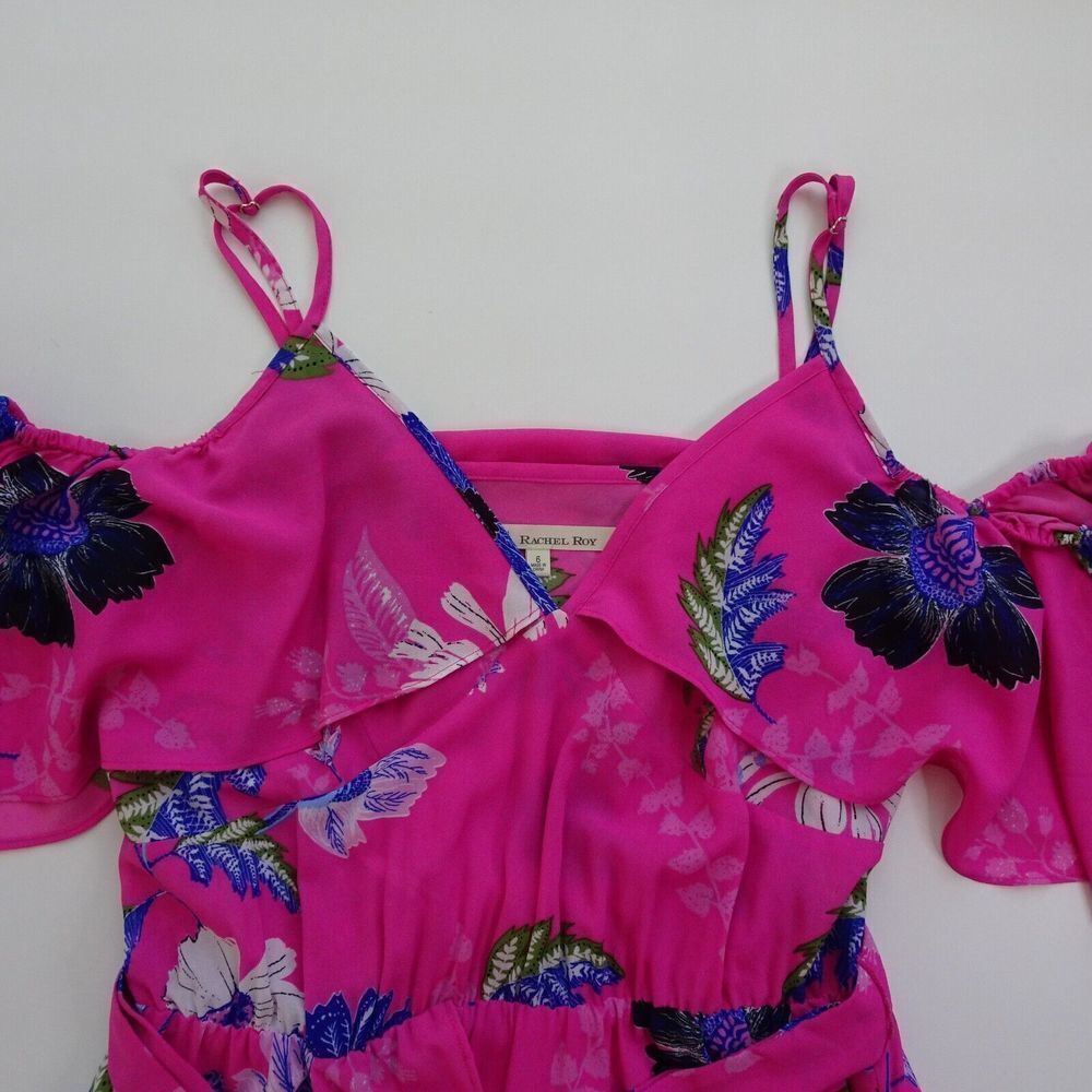 RACHEL ROY Maxi Dress Cold Shoulder Floral Flowy Ruffle Slit Tie-Waist Pink 6 - Picture 7 of 13